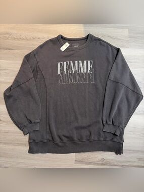aerie Charcoal Gray "FEMME" Graphic Pullover Sweater